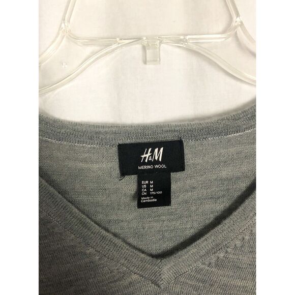 H&M Merino Wool Sweater Men's Size M Gray Lightweight Longsleeve V Neck - Picture 5 of 7